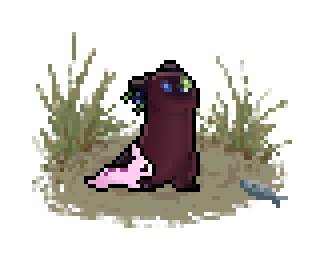 Pixel art of a young slugpup standing. It is dark red with point markings. One of its eyes is blue, while the other is green. There are a bundle of blue berries and leaves behind one ear, and a pink lantern mouse with long ears sitting near its feet.